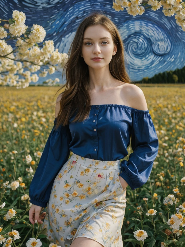 her name is Elle, high quality, 1girl, ((20-year-old fit Caucasian woman)), ((20 years old)), ((fit)), ((pale skin)), Beachy Waves dark hair , wearing Off-Shoulder Satin Blouse+ High-Waisted Pencil Skirt, pose: standing, background:  You walk through the Van Gogh Museum, surrounded by the vibrant colors and swirling brushstrokes of Van Gogh’s paintings. The quiet reverence of the visitors and the soft lighting create an intimate atmosphere. You stop to admire "The Starry Night," feeling the emotion in every stroke, as the subtle scent of fresh flowers from a nearby display adds to the sensory experience.