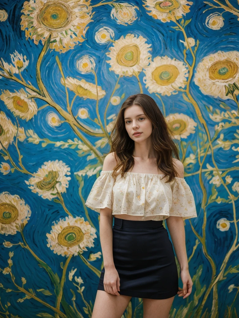 her name is Elle, high quality, 1girl, ((20-year-old fit Caucasian woman)), ((20 years old)), ((fit)), ((pale skin)), Beachy Waves dark hair , wearing Off-Shoulder Satin Blouse+ High-Waisted Pencil Skirt, pose: standing, background: You walk through the Van Gogh Museum, surrounded by the vibrant colors and swirling brushstrokes of Van Gogh’s paintings. The quiet reverence of the visitors and the soft lighting create an intimate atmosphere. You stop to admire "The Starry Night," feeling the emotion in every stroke, as the subtle scent of fresh flowers from a nearby display adds to the sensory experience.