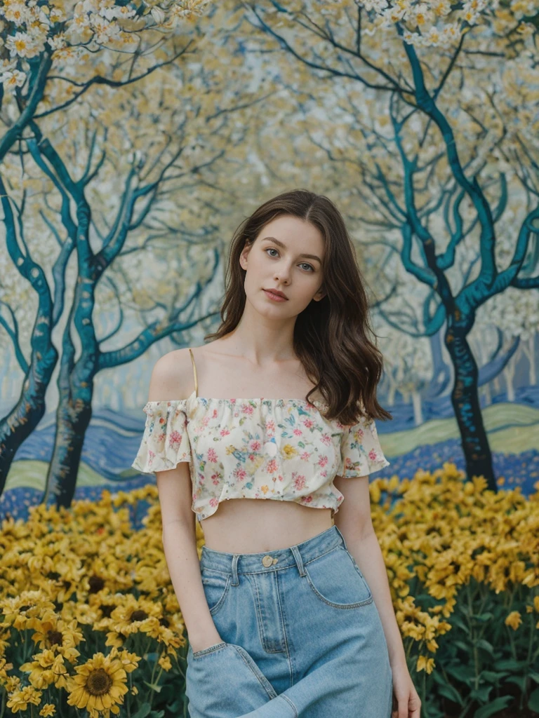 her name is Elle, high quality, 1girl, ((20-year-old fit Caucasian woman)), ((20 years old)), ((fit)), ((pale skin)), Beachy Waves dark hair , wearing Off-Shoulder Satin Blouse+ High-Waisted Pencil Skirt, pose: standing, background: You walk through the Van Gogh Museum, surrounded by the vibrant colors and swirling brushstrokes of Van Gogh’s paintings. The quiet reverence of the visitors and the soft lighting create an intimate atmosphere. You stop to admire "The Starry Night," feeling the emotion in every stroke, as the subtle scent of fresh flowers from a nearby display adds to the sensory experience.
