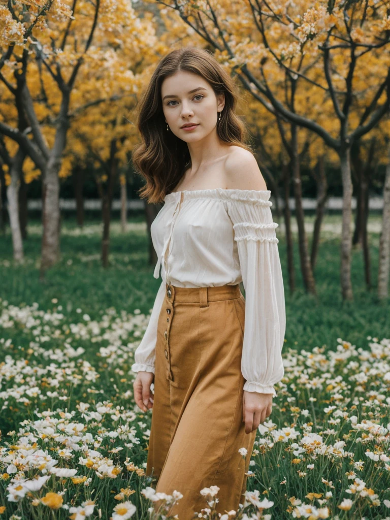 her name is Elle, high quality, 1girl, ((20-year-old fit Caucasian woman)), ((20 years old)), ((fit)), ((pale skin)), Beachy Waves dark hair , wearing Off-Shoulder Satin Blouse+ High-Waisted Pencil Skirt, pose: standing, background: You walk through the Van Gogh Museum, surrounded by the vibrant colors and swirling brushstrokes of Van Gogh’s paintings. The quiet reverence of the visitors and the soft lighting create an intimate atmosphere. You stop to admire "The Starry Night," feeling the emotion in every stroke, as the subtle scent of fresh flowers from a nearby display adds to the sensory experience.