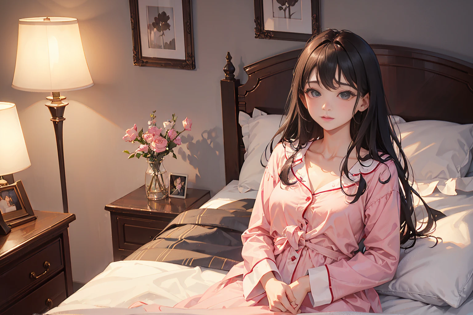 Highest quality、Highest Resolution、Highest quality、8K、Beautiful images、One beautiful woman、Beautiful woman、Delicate face、morning、Bedroom、Cute pajamas、Happened、Waking up、