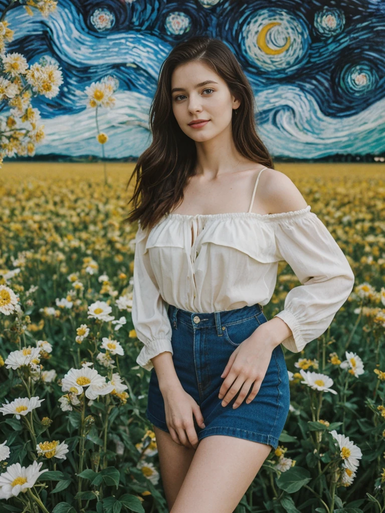her name is Elle, high quality, 1girl, ((20-year-old fit Caucasian woman)), ((20 years old)), ((fit)), ((pale skin)), Beachy Waves dark hair , wearing Off-Shoulder Satin Blouse+ High-Waisted Pencil Skirt, pose: standing, background: You walk through the Van Gogh Museum, surrounded by the vibrant colors and swirling brushstrokes of Van Gogh’s paintings. The quiet reverence of the visitors and the soft lighting create an intimate atmosphere. You stop to admire "The Starry Night," feeling the emotion in every stroke, as the subtle scent of fresh flowers from a nearby display adds to the sensory experience.