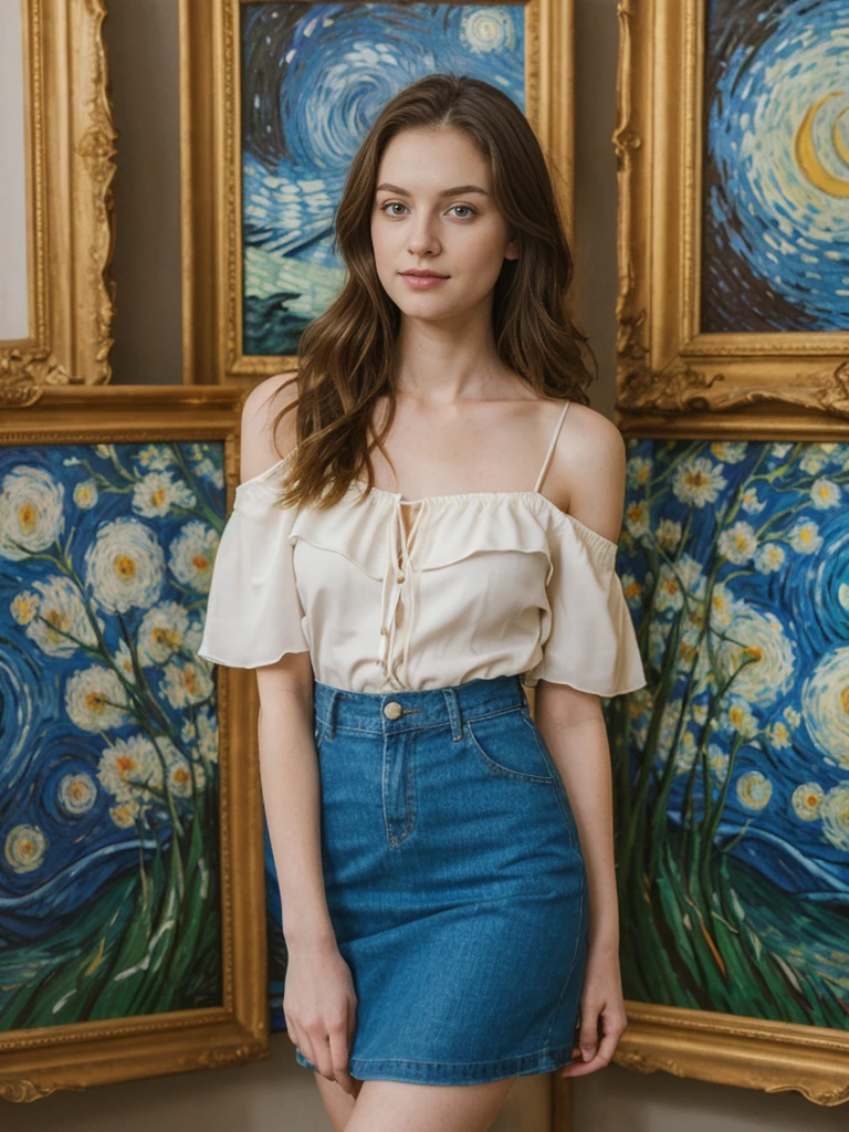 her name is Elle, high quality, 1girl, ((20-year-old fit Caucasian woman)), ((20 years old)), ((fit)), ((pale skin)), Beachy Waves dark hair , wearing Off-Shoulder Satin Blouse+ High-Waisted Pencil Skirt, pose: standing, background: You walk through the Van Gogh Museum, surrounded by the vibrant colors and swirling brushstrokes of Van Gogh’s paintings. The quiet reverence of the visitors and the soft lighting create an intimate atmosphere. You stop to admire "The Starry Night," feeling the emotion in every stroke, as the subtle scent of fresh flowers from a nearby display adds to the sensory experience.