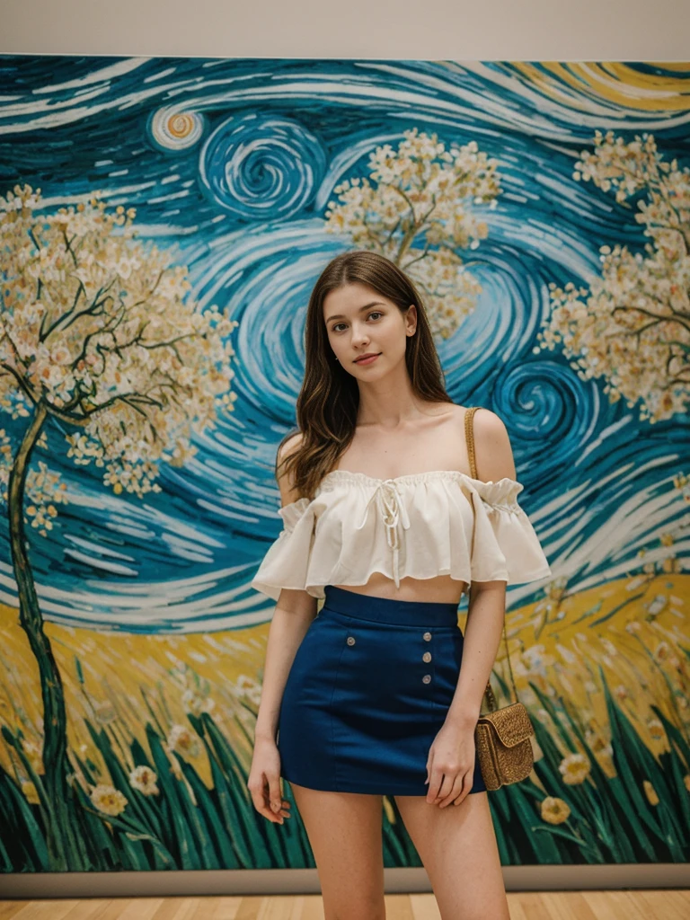 her name is Elle, high quality, 1girl, ((20-year-old fit Caucasian woman)), ((20 years old)), ((fit)), ((pale skin)), Beachy Waves dark hair , wearing Off-Shoulder Satin Blouse+ High-Waisted Pencil Skirt, pose: standing, background: You walk through the Van Gogh Museum, surrounded by the vibrant colors and swirling brushstrokes of Van Gogh’s paintings. The quiet reverence of the visitors and the soft lighting create an intimate atmosphere. You stop to admire "The Starry Night," feeling the emotion in every stroke, as the subtle scent of fresh flowers from a nearby display adds to the sensory experience.
