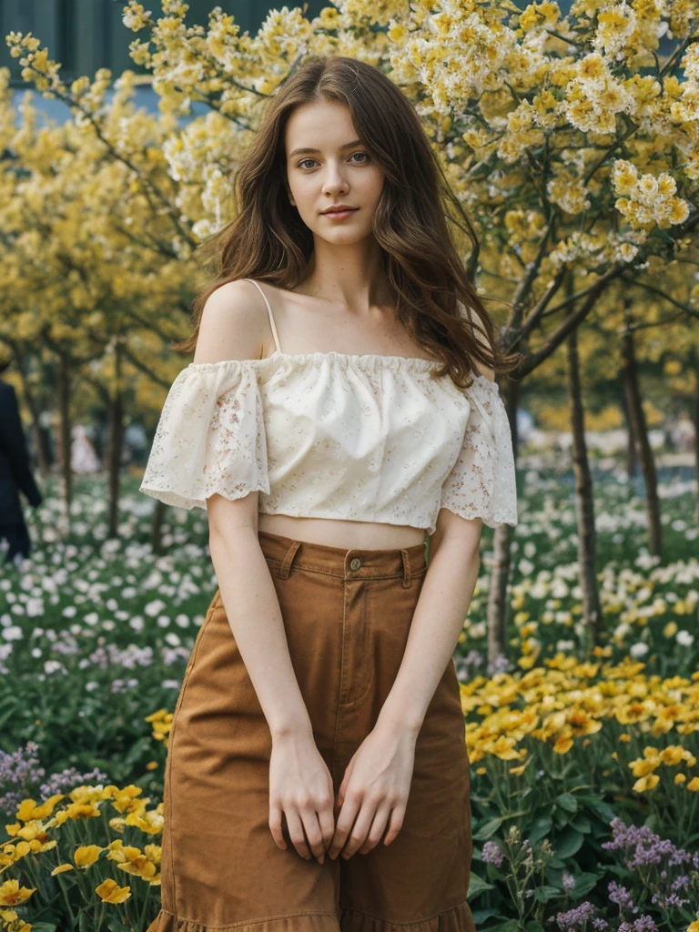 her name is Elle, high quality, 1girl, ((20-year-old fit Caucasian woman)), ((20 years old)), ((fit)), ((pale skin)), Beachy Waves dark hair , wearing Off-Shoulder Satin Blouse+ High-Waisted Pencil Skirt, pose: standing, background: You walk through the Van Gogh Museum, surrounded by the vibrant colors and swirling brushstrokes of Van Gogh’s paintings. The quiet reverence of the visitors and the soft lighting create an intimate atmosphere. You stop to admire "The Starry Night," feeling the emotion in every stroke, as the subtle scent of fresh flowers from a nearby display adds to the sensory experience.