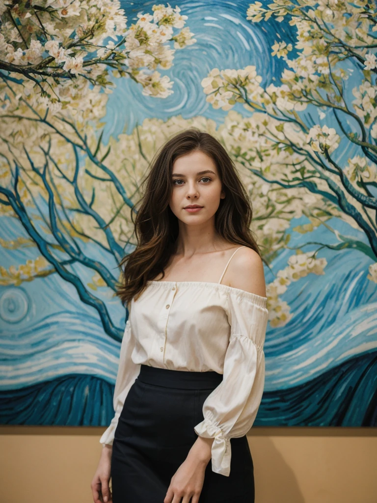 her name is Elle, high quality, 1girl, ((20-year-old fit Caucasian woman)), ((20 years old)), ((fit)), ((pale skin)), Beachy Waves dark hair , wearing Off-Shoulder Satin Blouse+ High-Waisted Pencil Skirt, pose: standing, background: You walk through the Van Gogh Museum, surrounded by the vibrant colors and swirling brushstrokes of Van Gogh’s paintings. The quiet reverence of the visitors and the soft lighting create an intimate atmosphere. You stop to admire "The Starry Night," feeling the emotion in every stroke, as the subtle scent of fresh flowers from a nearby display adds to the sensory experience.