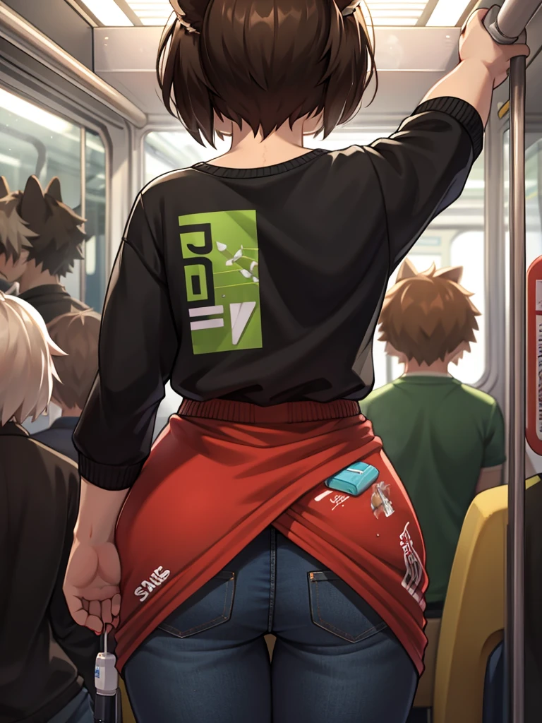 (Spray on clothes) , back view , On a crowded train