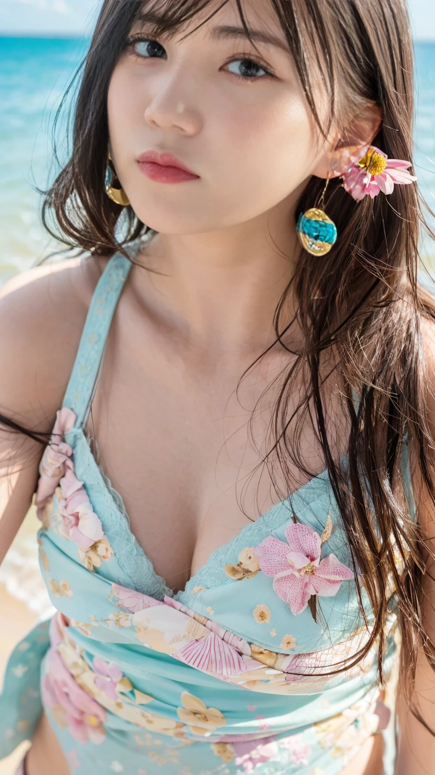 (masterpiece), (Highest quality), (Very detailed),(Disheveled Hair),(shape), (One Girl), (Summer clothes), Are standing, Fashion Model, View your viewers, (interview), (Beach),Beautiful details, Delicate and beautiful face, floating,(High saturation),(Colorful splashes),Colorful bubbles,(The Shining), Focus on the face, Hair Ring, Floating Flowers, Floating Hair, (The Shining), Best lighting, Best Shadow,