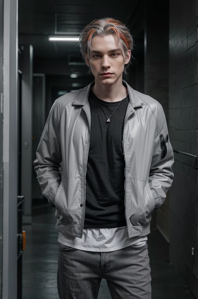 man with pale skin (VERY GRAY GRAY VERY GRAY GRAY VERY GRAY GRAY VERY GRAY GRAY) completely white eyes, green hair with some strands painted orange and red, wearing casual and comfortable clothes, wearing a black leather jacket with his hands inside the pockets