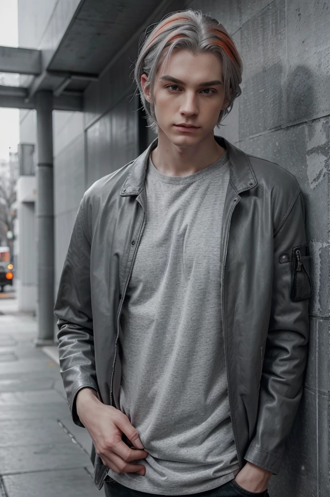 man with pale skin (VERY GRAY GRAY VERY GRAY GRAY VERY GRAY GRAY VERY GRAY GRAY) completely white eyes, green hair with some strands painted orange and red, wearing casual and comfortable clothes, wearing a black leather jacket with his hands inside the pockets