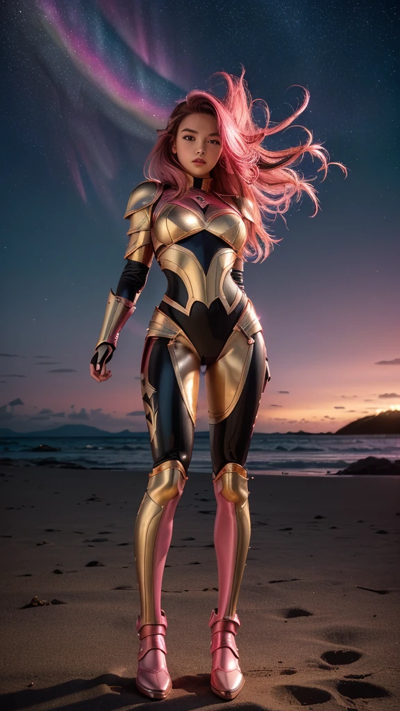 ((best quality)), ((masterpiece)), (ultra detailed lights), ((full body shot)), indonesian girl, extremely beautiful, ultra face details, 20 years old, ((pink curvy-hair)), ((hair blown by strong winds :1.3)), Award-winning photograph, photography of a teen girl, slim face, extremely beautiful, ultra details armor, ultra details skin, sharp armor texture, crisp picture, ((full make ups)), ((pink blushing)), ((red lips)), ((wearing tight steel-armor)), ((full body armor)), ((tight latex panty)), ((thighs armor)), ((slim body shape)), ((24k-gold and black armor)), no head cover, ((symmetrical body pose)), model posing in the middle, night at beach, full of stars, red clouds, nebula, ((aurora Borealis)), shooting stars, from below