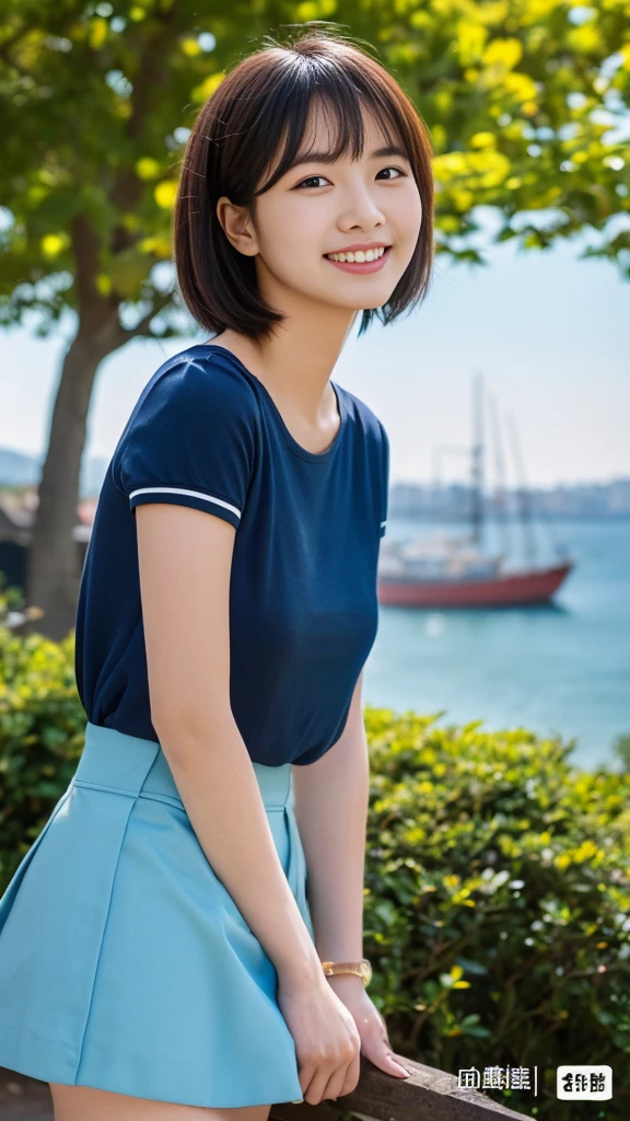 ((Highest quality、8K、High resolution、High resolution、masterpiece:1.3))、One Woman、26 year old Japanese woman、Short sleeve blouse and skirt with slit、Look at me with a smile、nice smile、(Kodak Portra 800 Film SMC Takumar 35mm F/ 2. 8 50 sec:1.1)、(RAW Photos、Photos like the real thing:1.2)、Clear photos、High-definition photos、Direct your gaze this way、Detailed face、Short Hair、A ruddy complexion、Just the right color balance、In a park with a view of the sea、The port and large ships are visible in the background.