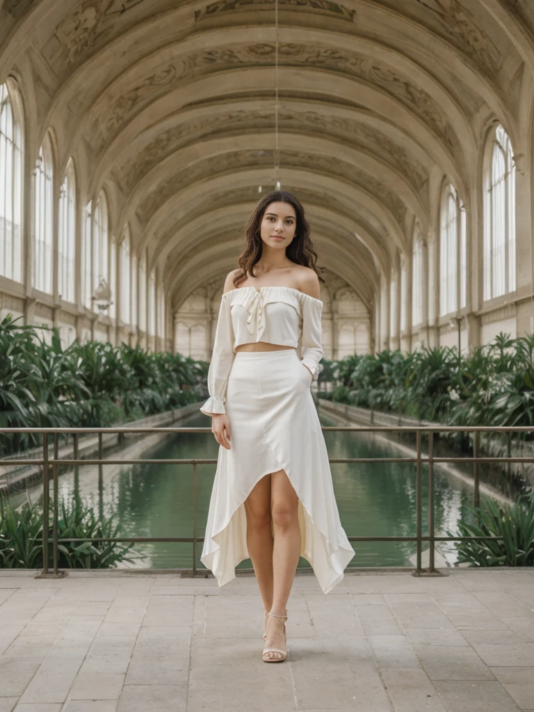 her name is Elle, high quality, 1girl, ((20-year-old fit Caucasian woman)), ((20 years old)), ((fit)), ((pale skin)), Beachy Waves dark hair , wearing Off-Shoulder Satin Blouse+ High-Waisted Pencil Skirt, pose: standing, background:  The former railway station that is now the Musée d'Orsay houses stunning works of Impressionist art. You stand before Monet’s "Water Lilies," captivated by the play of light and color. The open space, filled with the sound of soft footsteps and whispers, along with the scent of polished wood and faint traces of paint, creates a serene and inspiring environment.