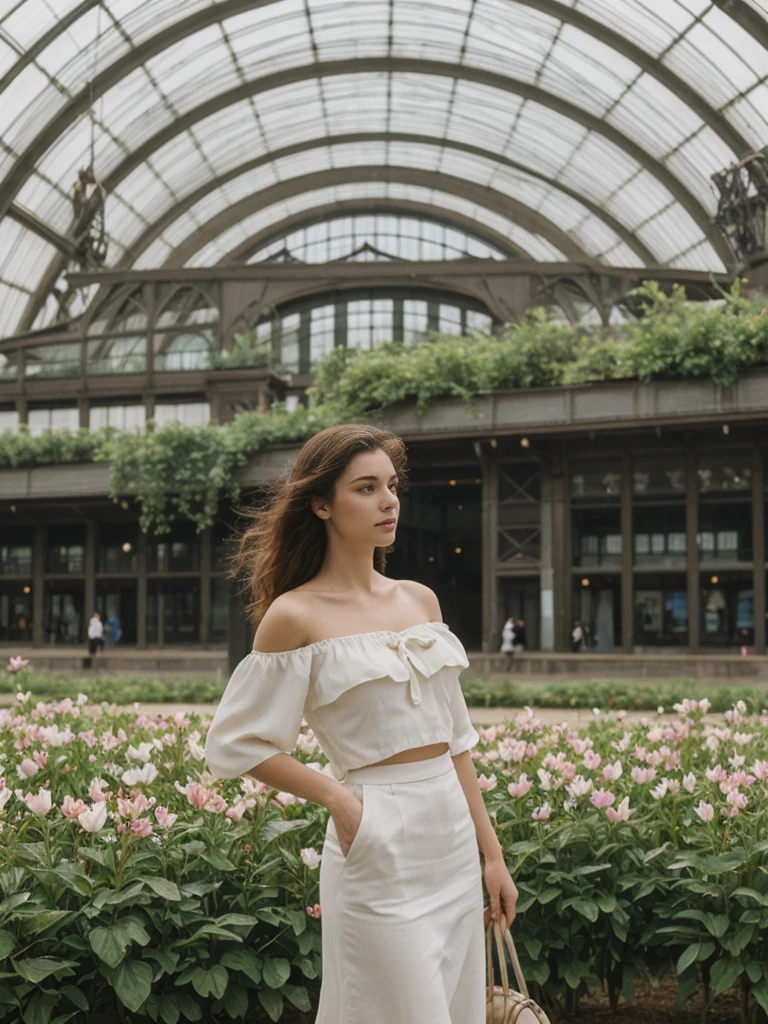 her name is Elle, high quality, 1girl, ((20-year-old fit Caucasian woman)), ((20 years old)), ((fit)), ((pale skin)), Beachy Waves dark hair , wearing Off-Shoulder Satin Blouse+ High-Waisted Pencil Skirt, pose: standing, background: The former railway station that is now the Musée d'Orsay houses stunning works of Impressionist art. You stand before Monet’s "Water Lilies," captivated by the play of light and color. The open space, filled with the sound of soft footsteps and whispers, along with the scent of polished wood and faint traces of paint, creates a serene and inspiring environment.