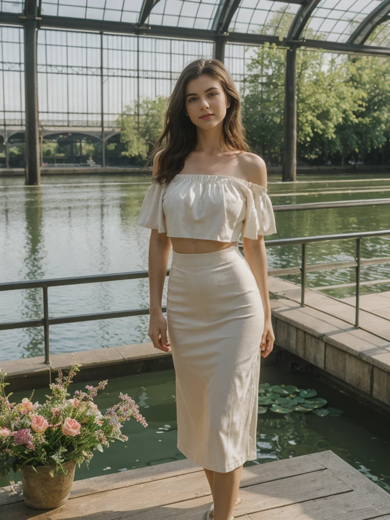 her name is Elle, high quality, 1girl, ((20-year-old fit Caucasian woman)), ((20 years old)), ((fit)), ((pale skin)), Beachy Waves dark hair , wearing Off-Shoulder Satin Blouse+ High-Waisted Pencil Skirt, pose: standing, background:  The former railway station that is now the Musée d'Orsay houses stunning works of Impressionist art. You stand before Monet’s "Water Lilies," captivated by the play of light and color. The open space, filled with the sound of soft footsteps and whispers, along with the scent of polished wood and faint traces of paint, creates a serene and inspiring environment.