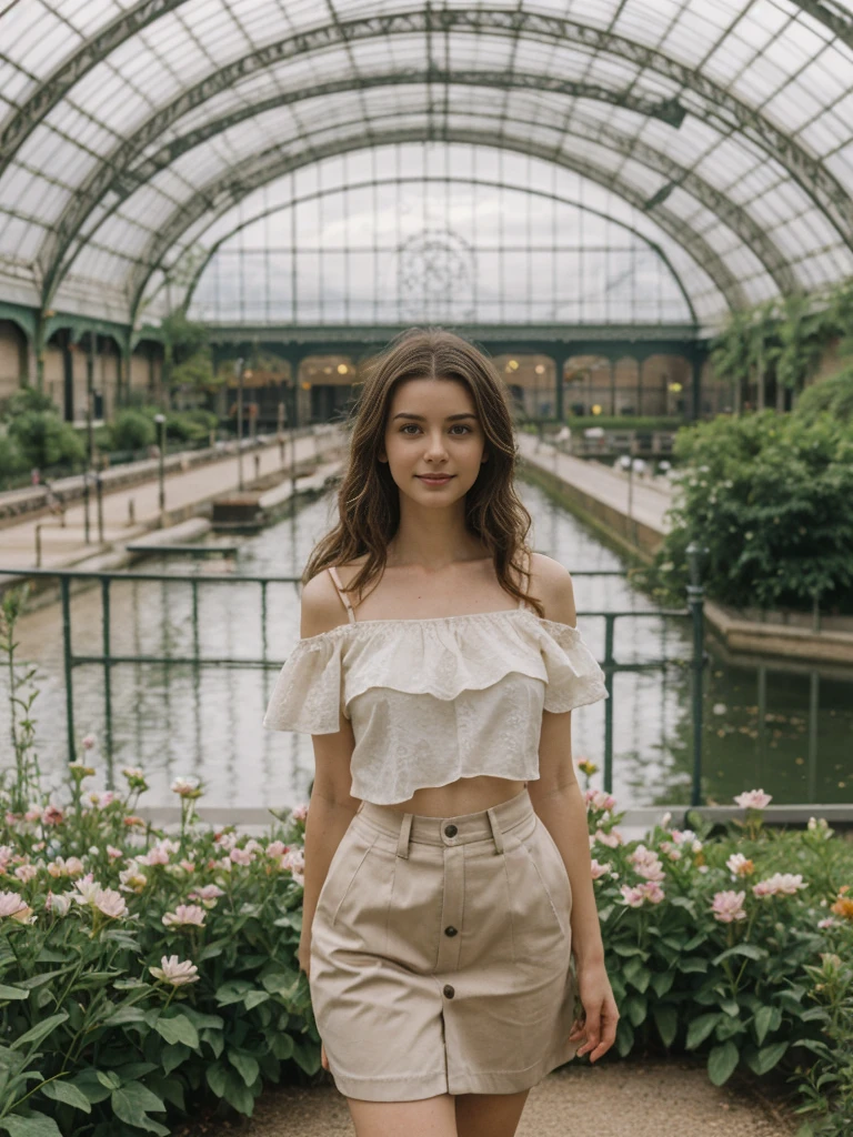 her name is Elle, high quality, 1girl, ((20-year-old fit Caucasian woman)), ((20 years old)), ((fit)), ((pale skin)), Beachy Waves dark hair , wearing Off-Shoulder Satin Blouse+ High-Waisted Pencil Skirt, pose: standing, background: The former railway station that is now the Musée d'Orsay houses stunning works of Impressionist art. You stand before Monet’s "Water Lilies," captivated by the play of light and color. The open space, filled with the sound of soft footsteps and whispers, along with the scent of polished wood and faint traces of paint, creates a serene and inspiring environment.