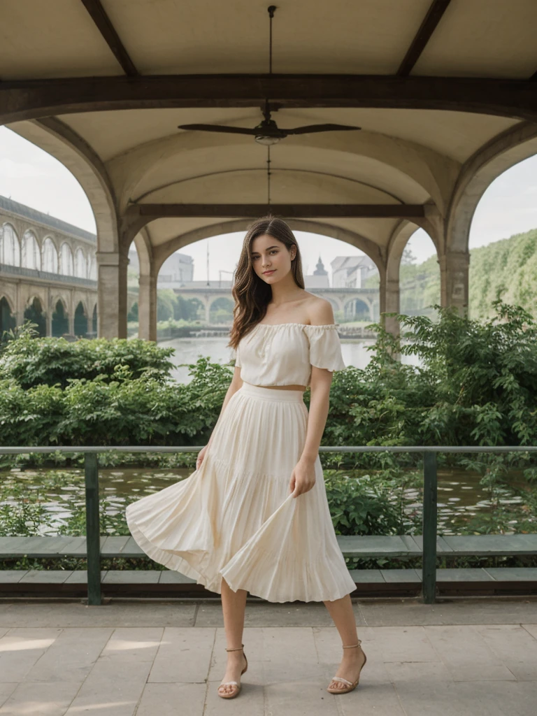 her name is Elle, high quality, 1girl, ((20-year-old fit Caucasian woman)), ((20 years old)), ((fit)), ((pale skin)), Beachy Waves dark hair , wearing Off-Shoulder Satin Blouse+ High-Waisted Pencil Skirt, pose: standing, background: The former railway station that is now the Musée d'Orsay houses stunning works of Impressionist art. You stand before Monet’s "Water Lilies," captivated by the play of light and color. The open space, filled with the sound of soft footsteps and whispers, along with the scent of polished wood and faint traces of paint, creates a serene and inspiring environment.
