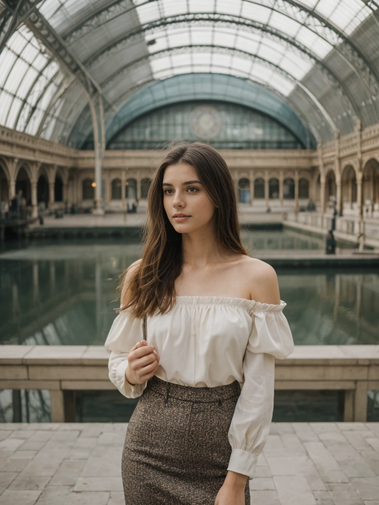 her name is Elle, high quality, 1girl, ((20-year-old fit Caucasian woman)), ((20 years old)), ((fit)), ((pale skin)), Beachy Waves dark hair , wearing Off-Shoulder Satin Blouse+ High-Waisted Pencil Skirt, pose: standing, background: The former railway station that is now the Musée d'Orsay houses stunning works of Impressionist art. You stand before Monet’s "Water Lilies," captivated by the play of light and color. The open space, filled with the sound of soft footsteps and whispers, along with the scent of polished wood and faint traces of paint, creates a serene and inspiring environment.