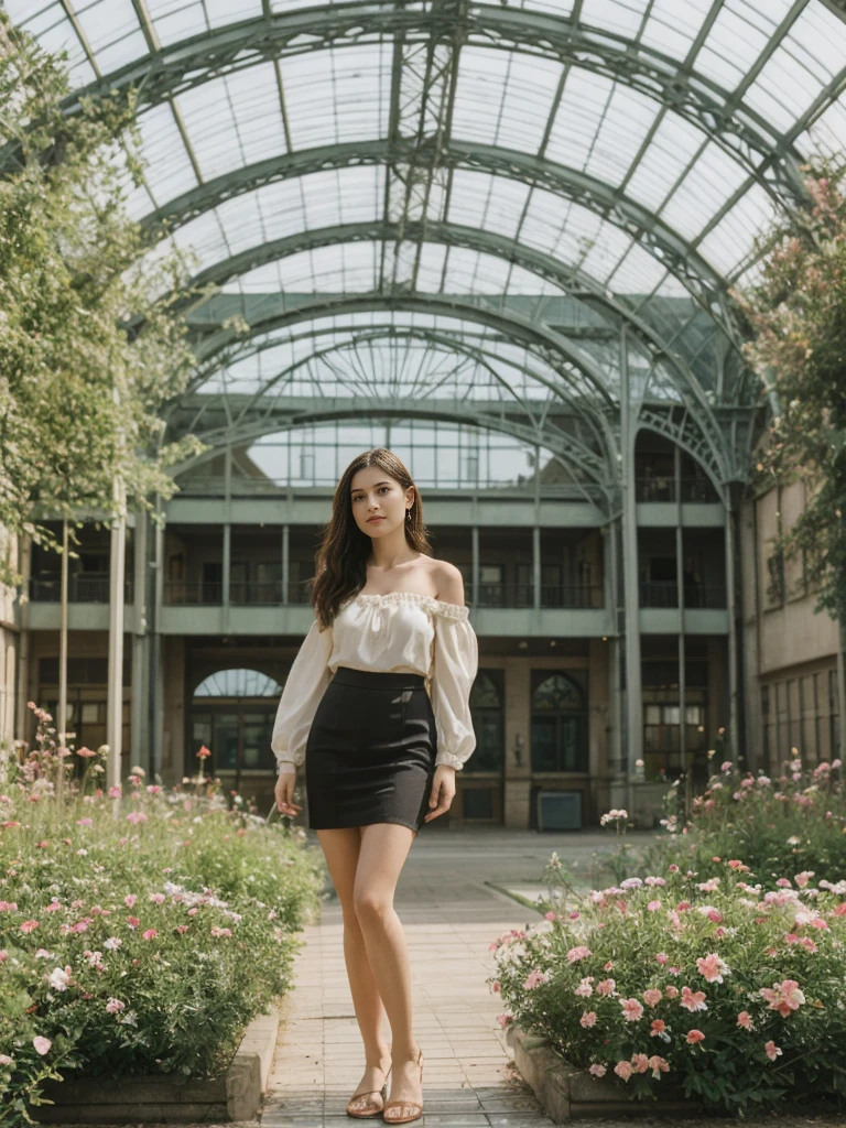her name is Elle, high quality, 1girl, ((20-year-old fit Caucasian woman)), ((20 years old)), ((fit)), ((pale skin)), Beachy Waves dark hair , wearing Off-Shoulder Satin Blouse+ High-Waisted Pencil Skirt, pose: standing, background: The former railway station that is now the Musée d'Orsay houses stunning works of Impressionist art. You stand before Monet’s "Water Lilies," captivated by the play of light and color. The open space, filled with the sound of soft footsteps and whispers, along with the scent of polished wood and faint traces of paint, creates a serene and inspiring environment.