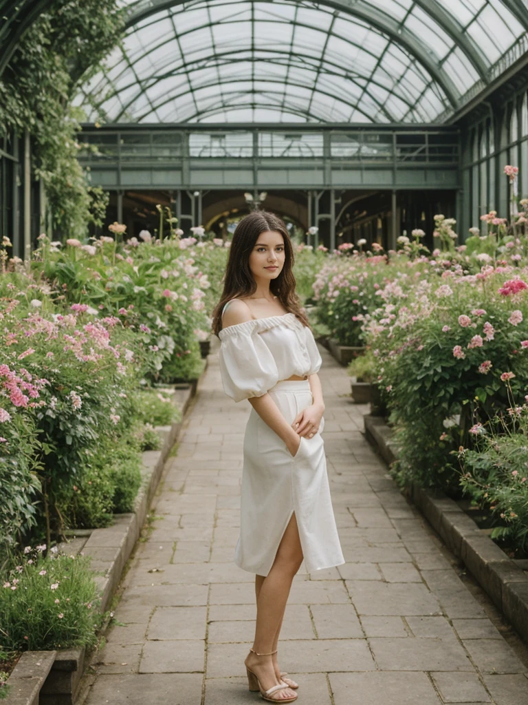 her name is Elle, high quality, 1girl, ((20-year-old fit Caucasian woman)), ((20 years old)), ((fit)), ((pale skin)), Beachy Waves dark hair , wearing Off-Shoulder Satin Blouse+ High-Waisted Pencil Skirt, pose: standing, background: The former railway station that is now the Musée d'Orsay houses stunning works of Impressionist art. You stand before Monet’s "Water Lilies," captivated by the play of light and color. The open space, filled with the sound of soft footsteps and whispers, along with the scent of polished wood and faint traces of paint, creates a serene and inspiring environment.
