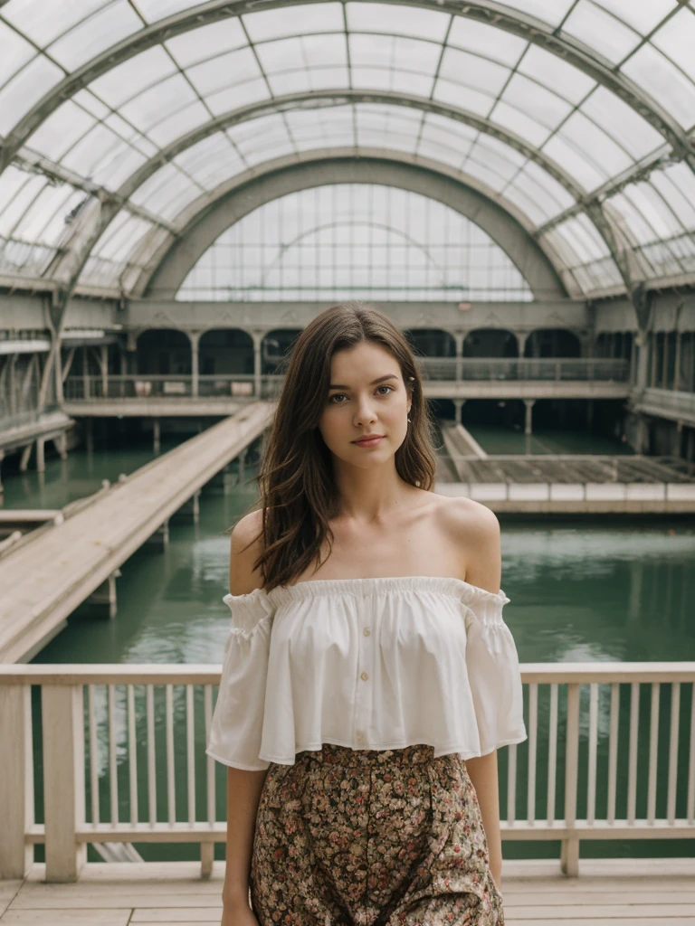 her name is Elle, high quality, 1girl, ((20-year-old fit Caucasian woman)), ((20 years old)), ((fit)), ((pale skin)), Beachy Waves dark hair , wearing Off-Shoulder Satin Blouse+ High-Waisted Pencil Skirt, pose: standing, background: The former railway station that is now the Musée d'Orsay houses stunning works of Impressionist art. You stand before Monet’s "Water Lilies," captivated by the play of light and color. The open space, filled with the sound of soft footsteps and whispers, along with the scent of polished wood and faint traces of paint, creates a serene and inspiring environment.