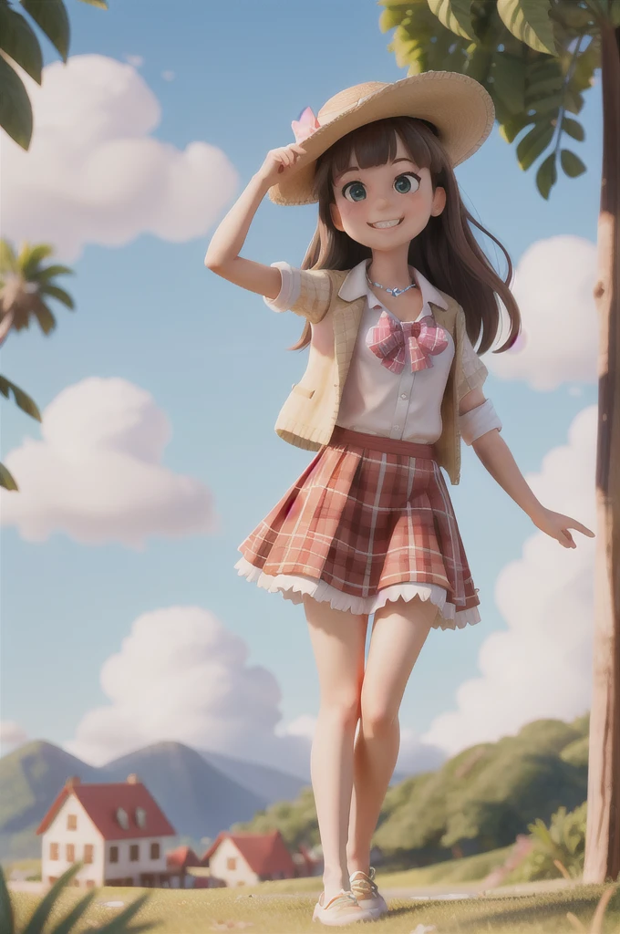 masterpiece, high quality best quality, 1 girl, bangs, beach, blue sky, blush, bow, cloud, cloudy sky, collarbone, day, grass, heart bow, horizon, lens_flare, light_rays, long_hair, Looking_at_viewer, love_letter, mountain, mountainous_horizon, ocean, outdoor, plaid_bikini, plaid_bowtie, plaid_bra, plaid_headwear, plaid_jacket, plaid_legwear, point of view, shirt, skirt, sky, smile, soil, sun, sunbeam, sunlight, tree, still_pattern, peitos grandes
