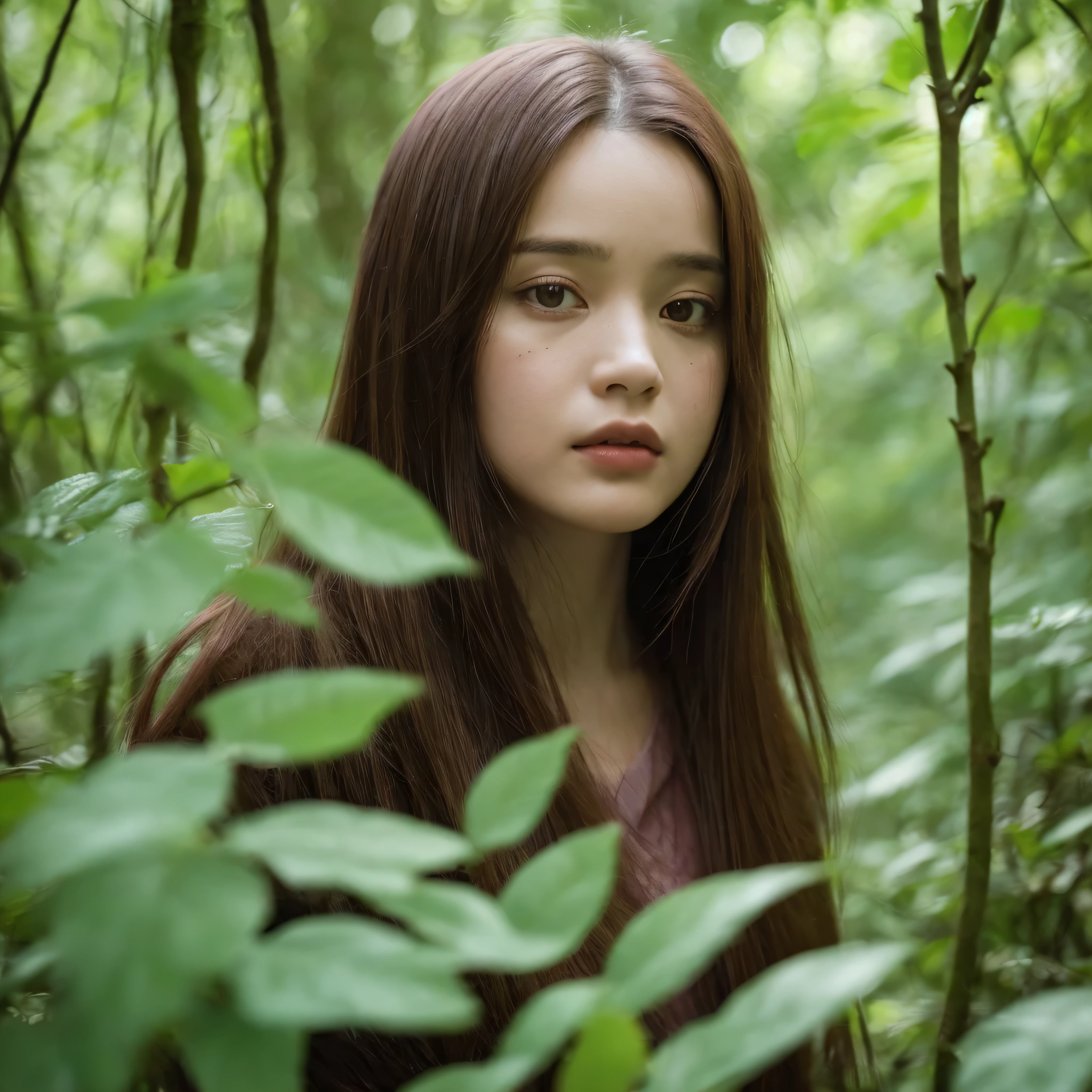 (((hd closeup photo))),one standing Anne-Marie Alto looking at camera,25 years old, (((Anne-Marie Alto))), in forest