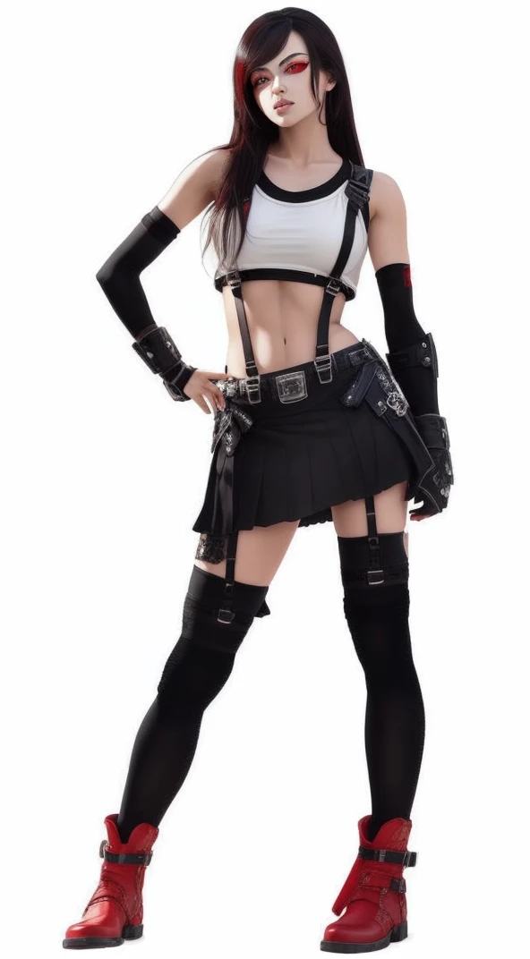 (masterpiece, Highest quality), Intricate details, (Highest quality)), ((masterpiece)), ((Realistic)), (Hyperrealism:1.2), (Fractal Art:1.2), 
One girl,   (Red eyes:1.5) 7r Tifa, White short tank top, Arm guards with red protectors, Fingerless gloves, suspenders, black pleated mini skirt, Black knee socks, Red Boots ,
Highly detailed eyes, colorful, Most detailed, 
Vibrant colors, High Contrast,
(8K Ultra HD:1.2), (photoRealistic:1.2),