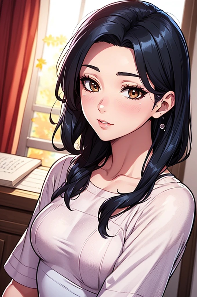 Agnes Cecil and Women, Illuminated Design, pastel colour, Ink droplets, Autumn Light  8K,high quality,anime,married woman,fair skinned,beautiful face,small face,clean,bright,eye highlights,sexy,super big ,beautiful line drawing. Black hair, white skin, brown eyes,