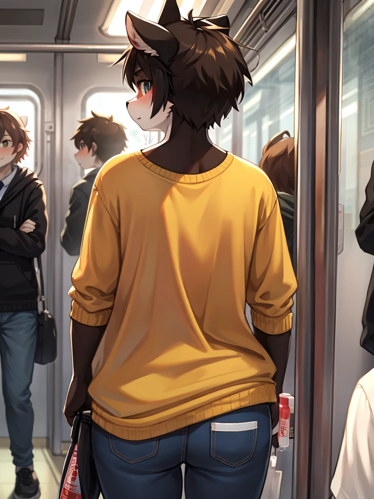 (Spray on clothes) , back view , On a crowded train