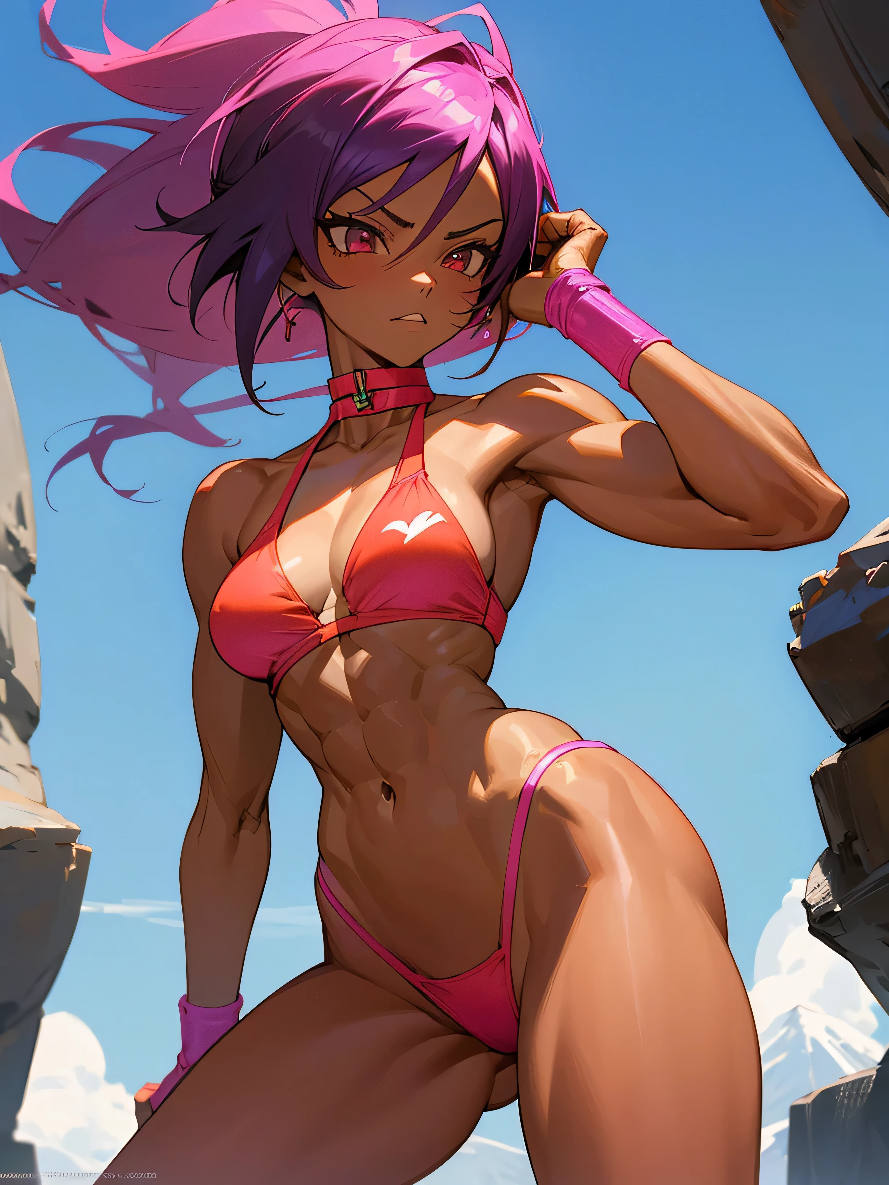 18 year old Yoruichi Shihöin from Bleach with tanned skin in a neon pink thong bikini flexing her muscles as she holds a bolder over her head to pridefully show off her rock hard abs on a mountain ledge, highly detailed