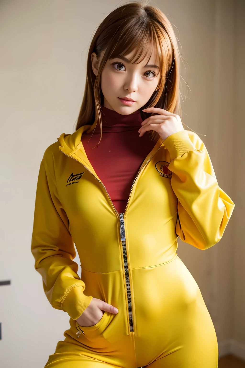 anime,Yellow jumpsuitの中はRed leotard姿,One girl, sexy,Half-dressed,Red leotard,Yellow jumpsuit,The jumpsuit is removed down to the crotch area.,More leotard parts