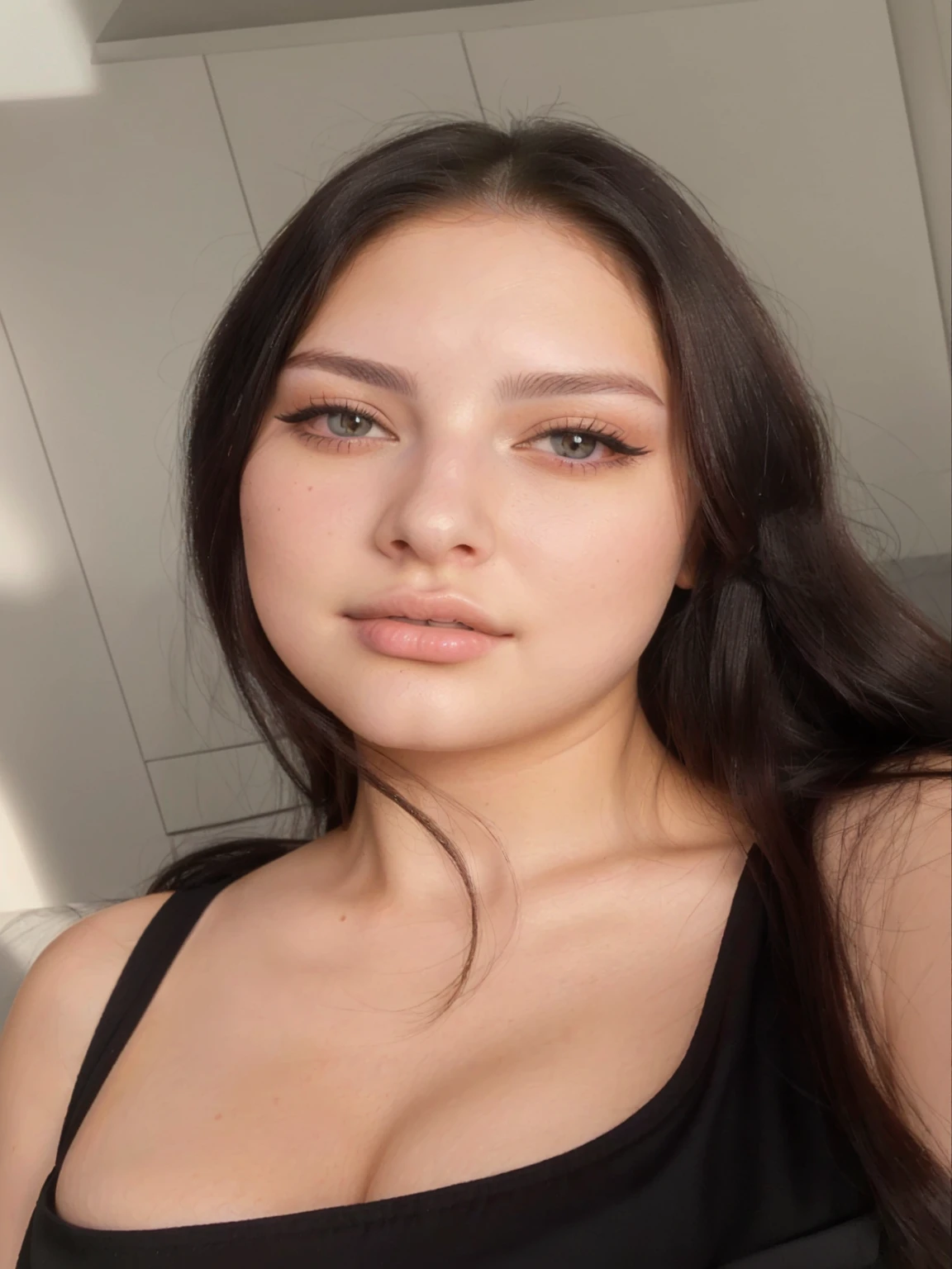 curvy woman with long black hair and black blouse, 18 years old, retrato sophie mudd, violet myers, 1 , 🤤 portrait of , face perfect ), Bella Poarca, Extremely beautiful face, flawless face, no-makeup, 21 years old, beautiful latin face, beautiful fine facial features, 22 years old, detailed flawless face