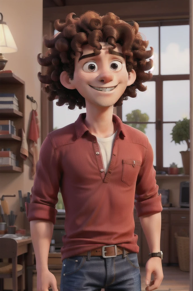 Man with red shirt, jeans and curly hair 