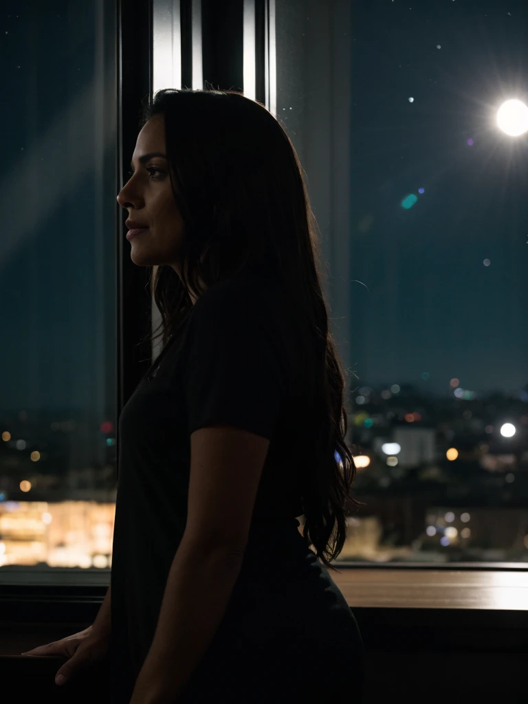 cinematic film still realistic, photorealistic, award winning photo , Long Shot, 30 year old Latin woman, long black hair looking out a window at the sky full of stars, a brighter star, full moon cinematic shot + dynamic composition, incredibly detailed, sharpen, details + intricate detail + professional lighting, film lighting + 35mm + anamorphic + lightroom + cinematography + bokeh + lens flare + film grain + HDR10 + 8K + Roger Deakins, ((cinematic)) . shallow depth of field, vignette, highly detailed, high budget Hollywood movie, bokeh, cinemascope, moody, epic, gorgeous, film grain, grainy