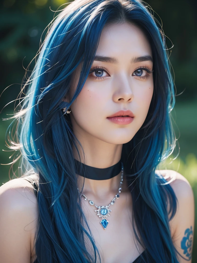 1girl, alone, solitary, high quality, (best quality,4k,8k,highres,masterpiece:1.2),ultra-detailed,(realistic,photorealistic,photo-realistic:1.37),gorgeous hair,sapphire hair,long curly hair with bangs,sharp eyes,mole under the eye,plump lips,jewelry,(high detailed skin:1.4),(rim lighting:1.3),(lit:1.3),(sunny day:1.3),portrait,beautiful lips,waist-length hair,seductive gaze,moles,casual clothes,colorful clothing,close up,super long hair,choker necklace,tattoos,tattooed,light eyes,bangs,fringe,20 year old,dimples on the cheeks,dimples,sapphire blue hair,sharp eyebrows,sapphirehair,royal blue,royal blue hair,bright blue hair,lace,elegant