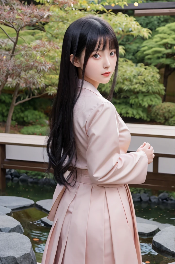A hyper-realistic portrayal of Kaguya Shinomiya from Kaguya-sama: Love is War, (kawaii), standing in a tranquil Japanese garden at twilight, (detailed black hair:1.2), , wearing her with realistic fabric textures, (expressive red eyes), (school uniform), (intricate details:1.1), (serene background), (captivating atmosphere)
