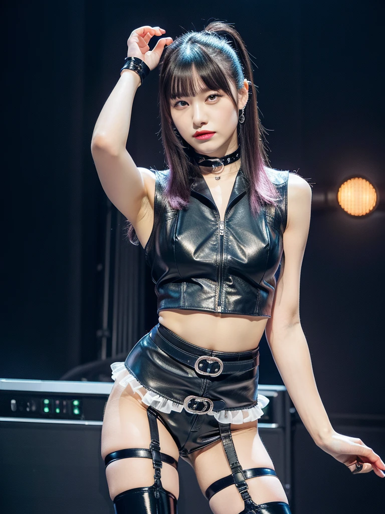 Highest quality，masterpiece，Very detailed, 8K，Beautiful 27 year old Japanese woman:1.5, Small face, blunt bangs, Crucifixion, ((クロスにCrucifixionにされた女性:1.5, Breast Augmentation Surgery)), (Detailed black K-pop idol outfit:1.5), Very detailedな臭い脇の下、　Live Stage,