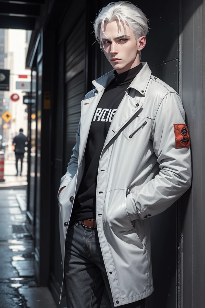 man with pale skin VERY GRAY GRAY, pale skin VERY GRAY GRAY, pale skin VERY GRAY GRAY completely white eyes, green hair with some strands painted orange and red, wearing casual and comfortable clothes, wearing a black leather jacket with his hands inside the pockets