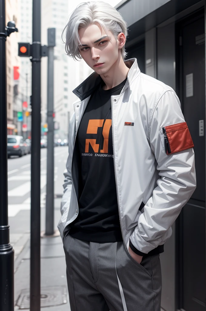 man with pale skin VERY GRAY GRAY, pale skin VERY GRAY GRAY, pale skin VERY GRAY GRAY completely white eyes, green hair with some strands painted orange and red, wearing casual and comfortable clothes, wearing a black leather jacket with his hands inside the pockets