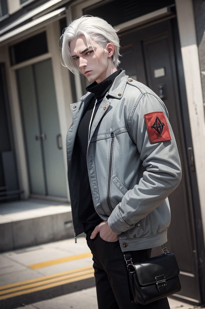 man with pale skin VERY GRAY GRAY, pale skin VERY GRAY GRAY, pale skin VERY GRAY GRAY completely white eyes, green hair with some strands painted orange and red, wearing casual and comfortable clothes, wearing a black leather jacket with his hands inside the pockets