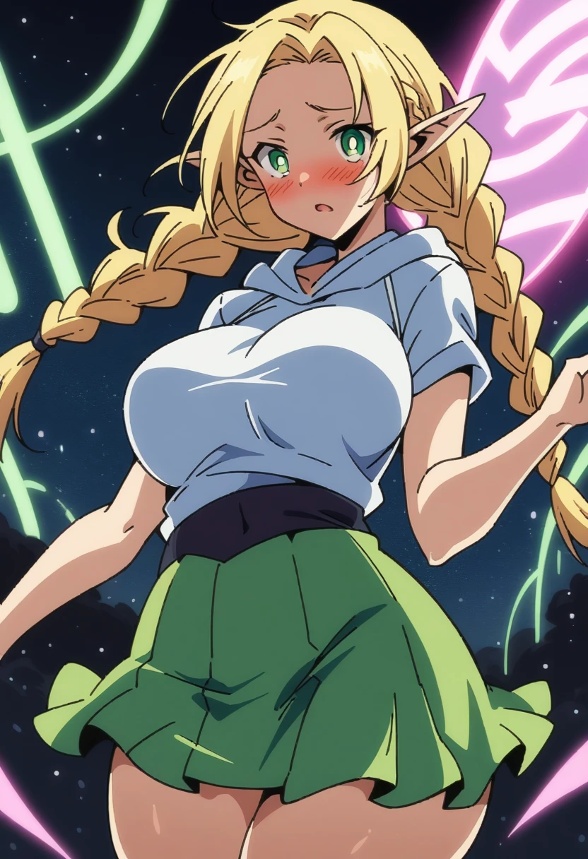 anime art style, masterpiece, best quality, very aesthetic, absurdres, dynamic shadows, atmosferic, marcilledonato, ((1girl)), blonde hair, ((long hair)), braid, twin braids, long braids, parted bangs, green eyes, detailed eyes, bright pupils, pointy ears, curvy body, large breasts, sexy, futuristic clothes, white hoodie, miniskirt, futuristic skirt, neon lights, exposed , short sleeves, borrowed, embarrased, intense blush, ((cowboy shot)), (from front), (floating), (space), (looking at viewer:1.0)