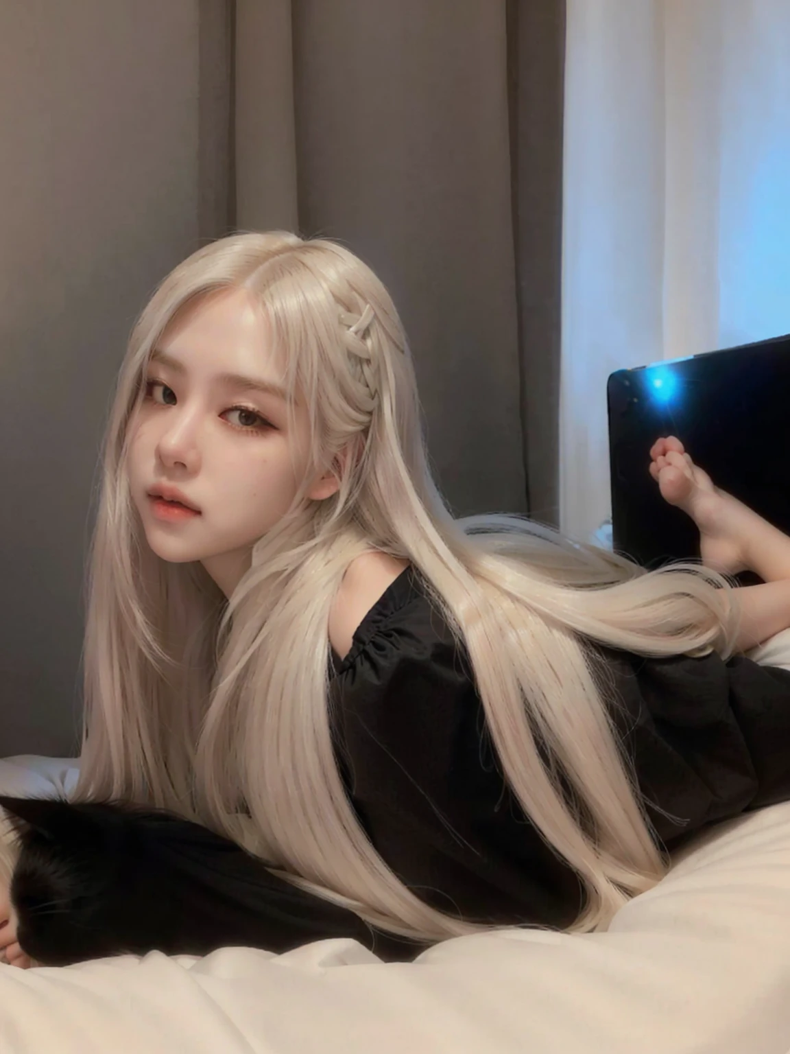 araffe woman lying in bed with a cat on her lap, with white long hair, with long white hair, korean, perfect white haired girl, parque roseanne de blackpink, her hair is white, with long blonde hair, with white hair, long white hair, tifa lockhart with white hair, garota gótica korean cruel, light hair