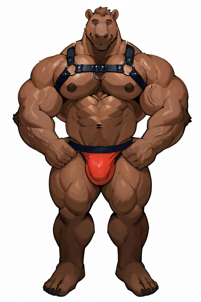 Capybara man, exaggeratedly muscular, detailed eyes, prominent and dilated veins, alpha male, huge pecs (huge: 2.5), sensual expression, nicebulge, gayharness, sexy pose, full body, (white background).