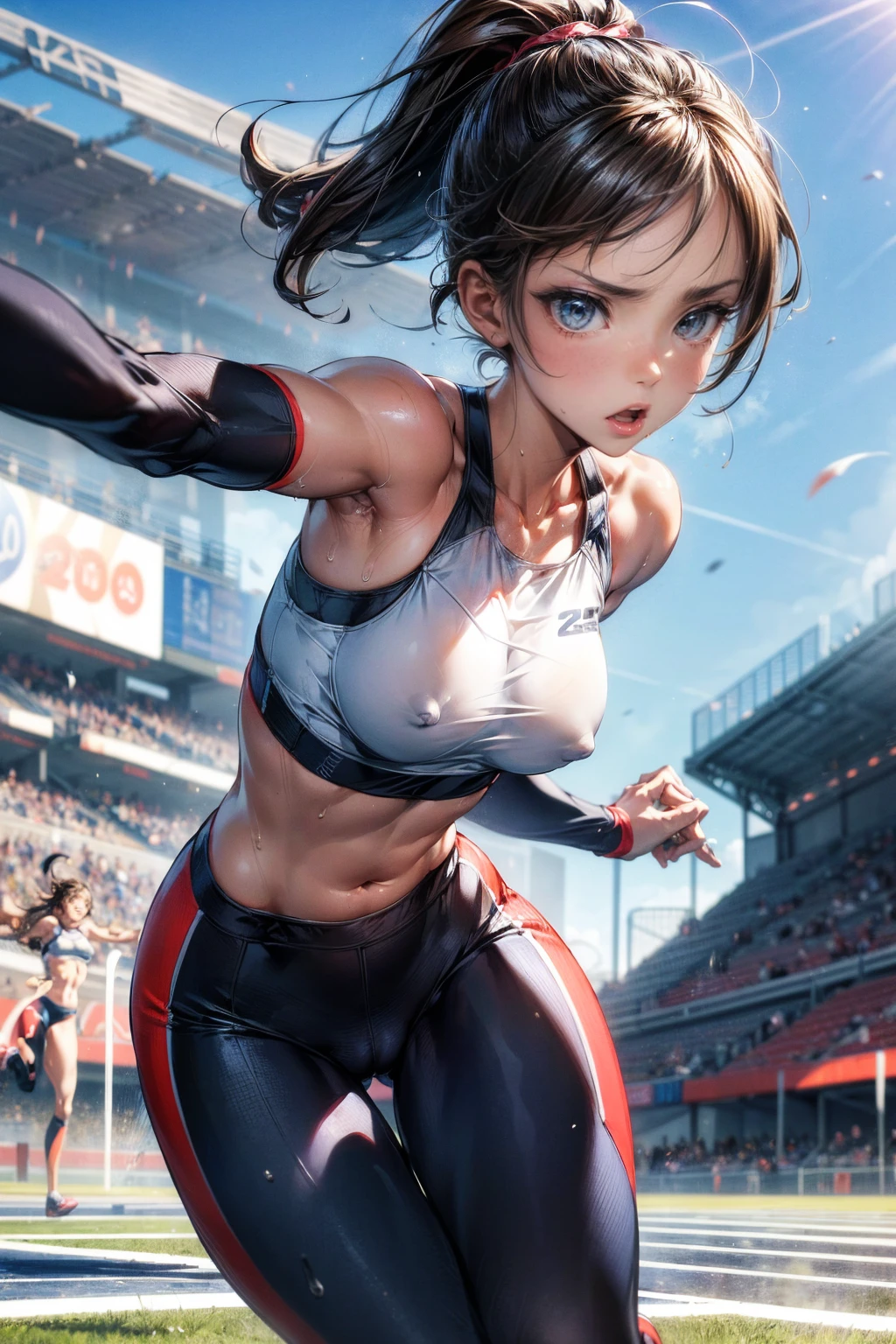 Photo of a 20 year old woman, Perfect Face, masterpiece, good, Sports bra,Racing Pants、good,  Dynamic Perspective、Run at full speed、Sweat flying、Serious face、Crouching Style、Track and Field、Nipple swelling、Pussy Cameltoe