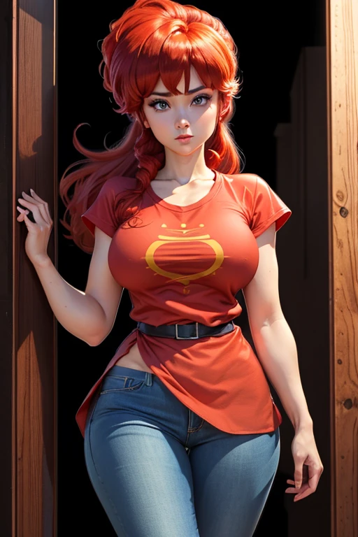 (Ranma)(1solo)(1girl)((Solo)) ((Masterpiece)) ((High Quality)) (slim thick)((Perfect Face)) ((Huge Breasts)) ((Wide Hips)) ((Narrow Waist)) ((Beautiful)) ((Redhead)) ((Long Hair)) ((Light Skin)) ((Cute Nose)) ((BLue Eyes)) ((Young)) ((Transparent Tee Shirt)) ((Jeans))(cameltoe)