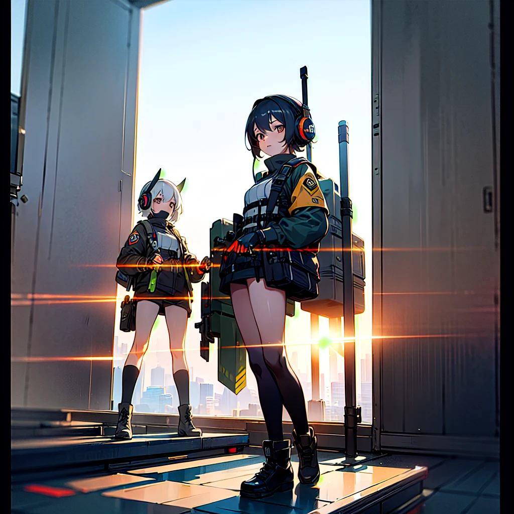 ((high quality)), ((masterpiece)), 8k, 2girls, bulletproof vest, light rays, extremely detailed CG unity 8k wallpaper, game cg, looking at viewer, gloves, boots, full body, watch, computer, mask, drone, holding weapon, headphones, jacket, bag, backpack,