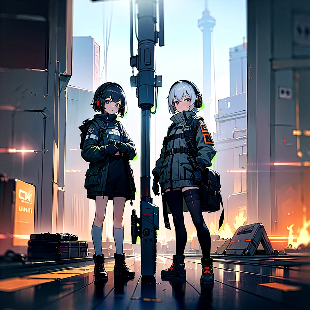 ((high quality)), ((masterpiece)), 8k, 2girls, bulletproof vest, light rays, extremely detailed CG unity 8k wallpaper, game cg, looking at viewer, gloves, boots, full body, watch, computer, mask, drone, holding weapon, headphones, jacket, bag, backpack,