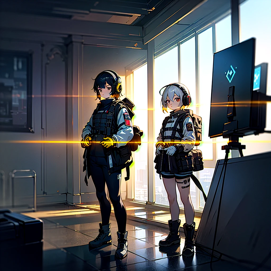 ((high quality)), ((masterpiece)), 8k, 2girls, bulletproof vest, light rays, extremely detailed CG unity 8k wallpaper, game cg, looking at viewer, gloves, boots, full body, watch, computer, mask, drone, holding weapon, headphones, jacket, bag, backpack,