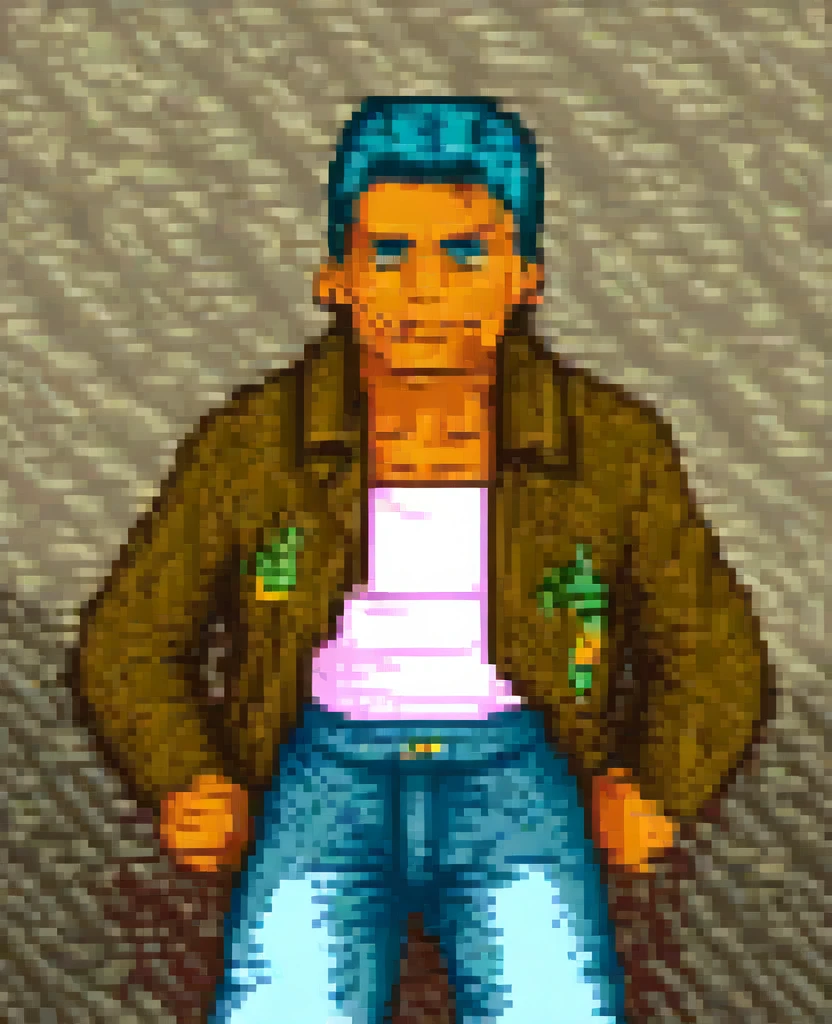 a guy who wears a leather jacket, jeans and a white blouse stained with blood. Hair a bit like Elvis, long quiff with sideburns slightly square chin. Game character called Retro city Rampage DX character style gta 3